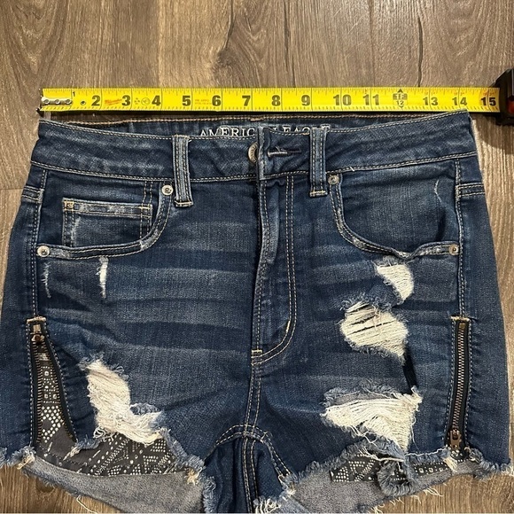 American Eagle Jeans Super Hi-Rise Shortie Womens Denim Raw Hem Zippers Shorts 6 - Picture 8 of 13